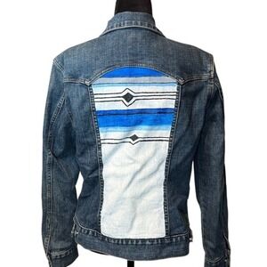 GAP Upcycled Denim Jacket Blue White Hand Painted Southwest Design Women's Large